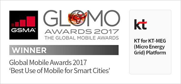 GSMA, GLOMO awards 2017 the global mobile award, winner best use of mobile for smart cities. kt for kt-meg(micro energy grid) platform