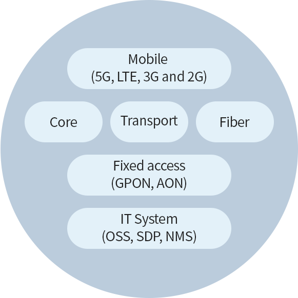 Mobile(5G, LTE,3G and 2G), Core, Transport, Fiber, Fixed access(GPON, AON), IT System(OSS, SDP, NMS)