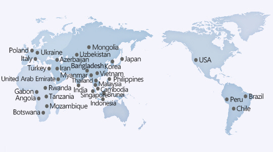 Poland, Ukraine, Italy, Azerbaijan, Turkey, Bangladesh, Mongolia, Uzbekistan, Korea, Japan, Iran, Myanmar, Vietnam, United Arab Emirates, India, Thailand, Philippines, Malaysia, Cambodia, Gabon, Rwanda, Singapore, Brunei, Angola, Indonesia, Tanzania, Mozambique, Botswana, USA, Peru, Chile, Brazil notation map.