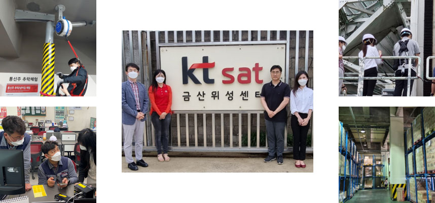 통신주 작업하는 모습, 제품에 대해 얘기하는 모습, 금산위성센터 앞에 모여 사진찍는 모습, 철탑 위에서 점검하는 모습, 창고 전경